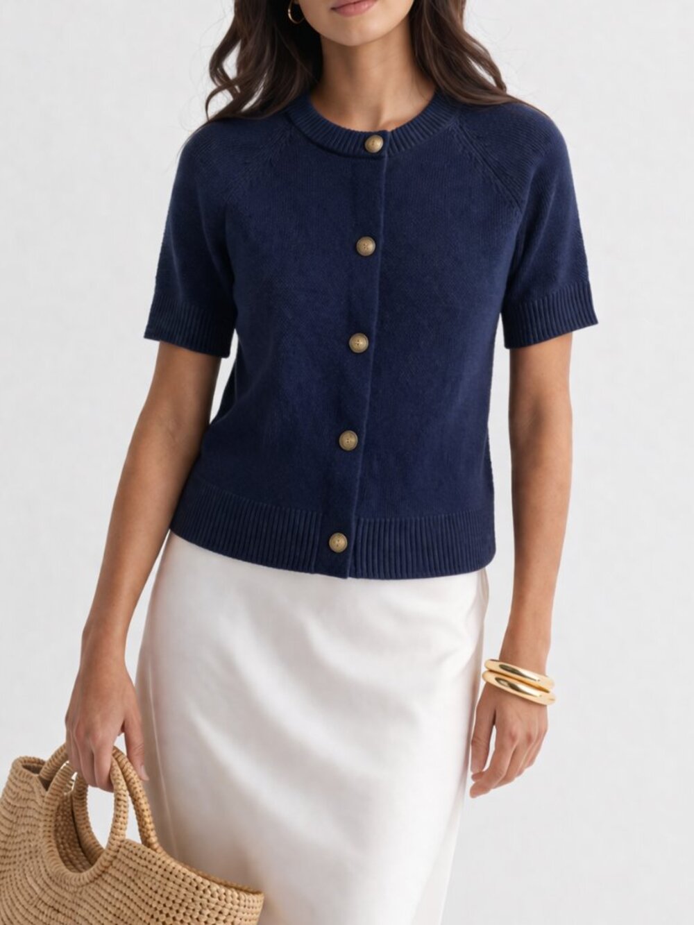 Lucky Brand Navy Blue Knit Neutral Short-Sleeve Cropped Button Cardigan Med. New